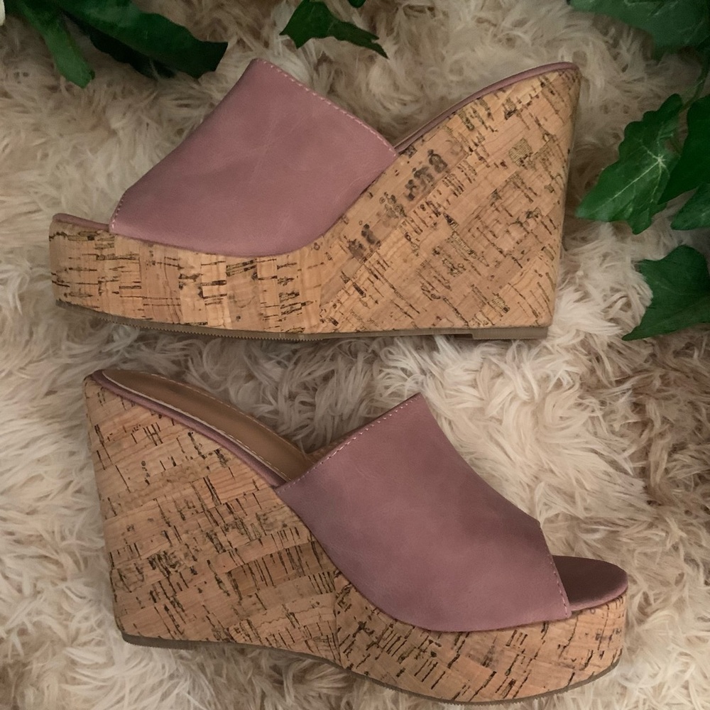 Cybling Cork Wedge Slip On Sandals • Pink • NWT • Vegan Leather • Size EU 37